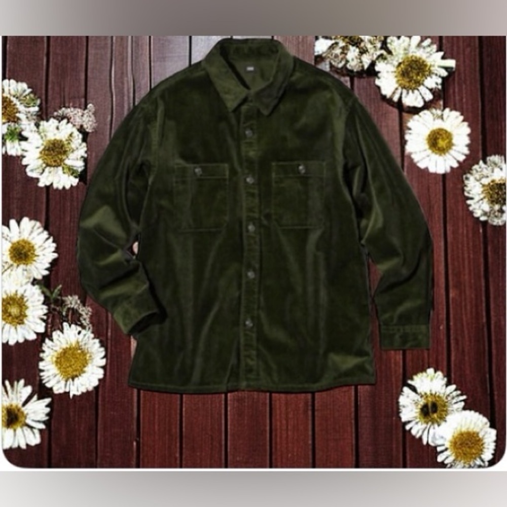 Uniqlo Green Corduroy Button Up Shirt -Sz Sm-Oversized-Cozy!-beach layer!NWOT🍂 - Picture 2 of 12